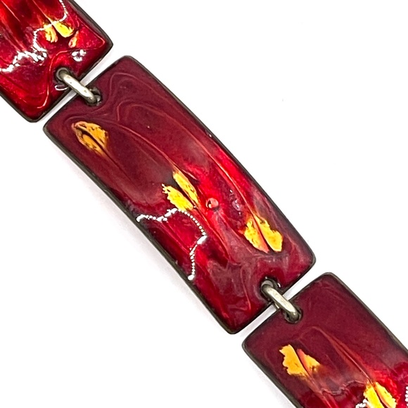 Marco Signed Vintage Copper Ruby Red Enamel Rectangle Link Bracelet 7" - Picture 11 of 12